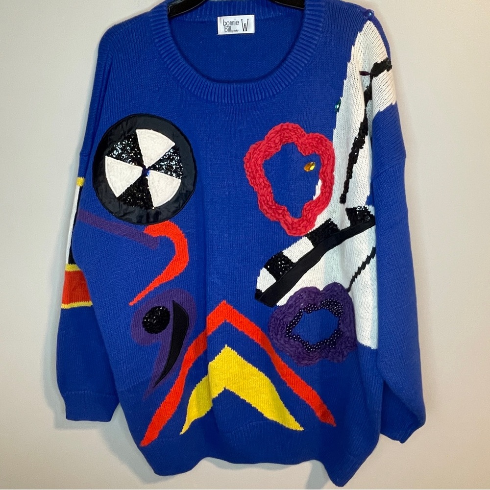 Vintage Bonnie and Bill 80s Sweater wearable Art Abstract Pullover Oversized
